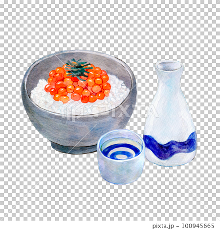 清酒和鮭魚子飯碗晚間飲料套裝水彩插圖 清酒和鮭魚子飯碗晚間飲料套裝水彩插圖 100945665