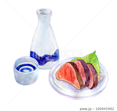 日本酒と鰹のたたき　晩酌セット　水彩イラスト 100945902