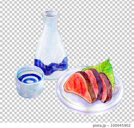 日本酒と鰹のたたき　晩酌セット　水彩イラスト 100945902