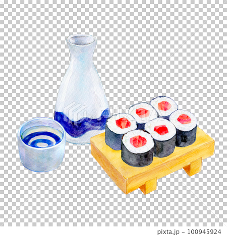 日本酒と鉄火巻き　晩酌セット　水彩イラスト 100945924
