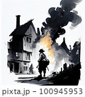 man on the background of a fire in the city 100945953
