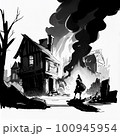 man on the background of a fire in the city 100945954