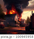 burning house in a small town, stock image 100945958