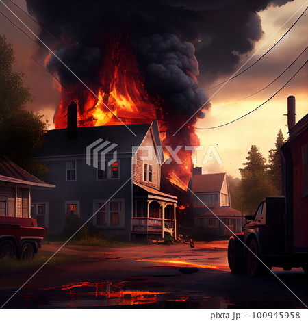 burning house in a small town, stock image 100945958