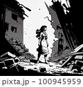 woman on the background of the house destroyed by the earthquake 100945959
