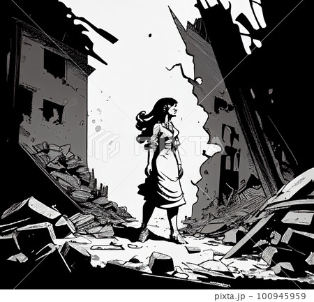woman on the background of the house destroyed by the earthquake woman on the background of the house destroyed by the earthquake 100945959