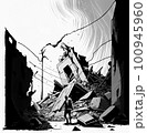 Human on the background of the house destroyed by the earthquake 100945960