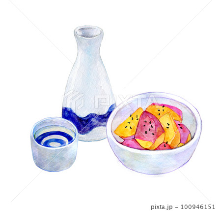 日本酒と大学芋　晩酌セット　水彩イラスト 100946151