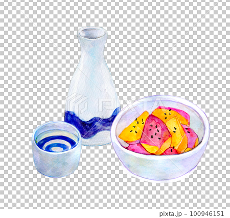 日本酒と大学芋　晩酌セット　水彩イラスト 100946151