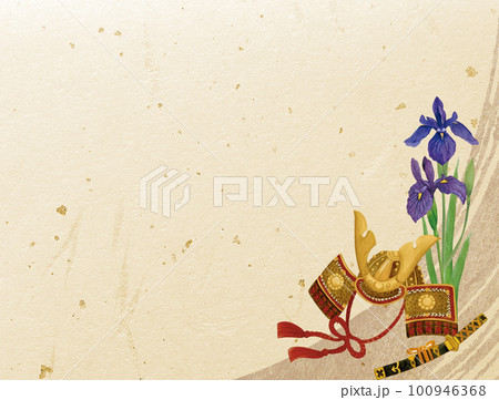 水彩手書きの菖蒲と兜飾りの和風背景 水彩手書きの菖蒲と兜飾りの和風背景 100946368