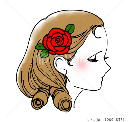 ばらの花を髪飾りにする横顔の乙女・赤のイラスト素材