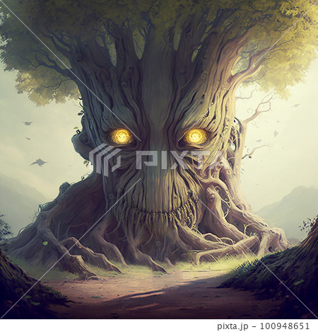 目が怪しく光っている大きな木のモンスター 100948651