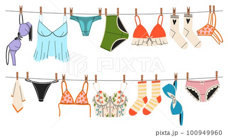 Premium Vector  Bra underwear lingerie and panty laundry hanging on rope  line colorful bras women clothes and underclothes doodle girl bikini female  clothespin on hanger vector cartoon isolated set