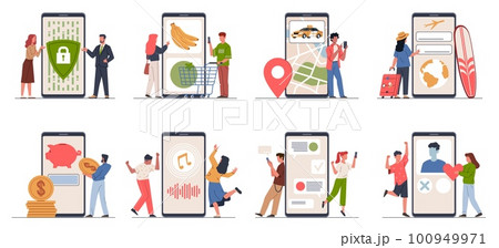 Smartphone use functions. Various useful mobile applications, tiny people, big phones, users make purchases, call taxi, booking hotel, listen music, dating and investment, nowaday vector set Smartphone use functions. Various useful mobile applications, tiny people, big phones, users make purchases, call taxi, booking hotel, listen music, dating and investment, nowaday vector set 100949971