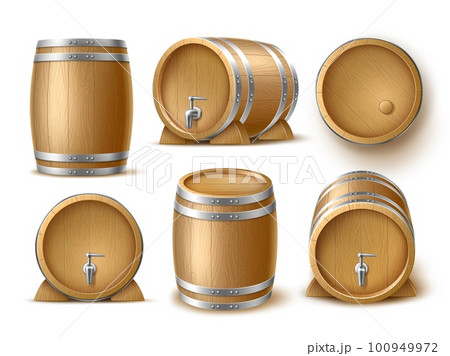 Realistic wooden barrels. 3d isolated alcohol containers, beer, wine and whiskey oak casks, cellar storage equipment different angles view, alcohol beverages storage utter vector set 100949972