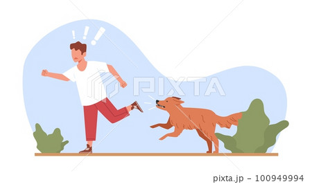 Little boy runs away from vicious and aggressive dog. Afraid child in dangerous situation. Terrified kid running, homeless animal attacking. Cartoon flat isolated illustration. Vector concept 100949994
