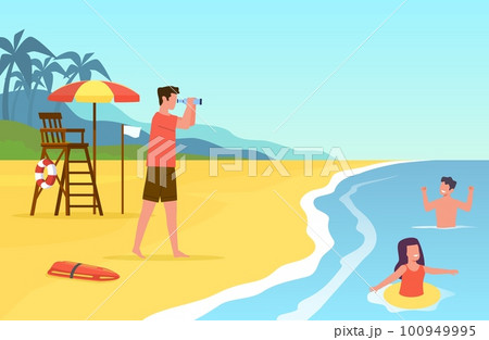 Lifeguard on beach observes children through binoculars, ensuring safety. Kids swimming in sea. Rescue on water. Summer vacation. Cartoon flat isolated emergency character. Vector concept 100949995