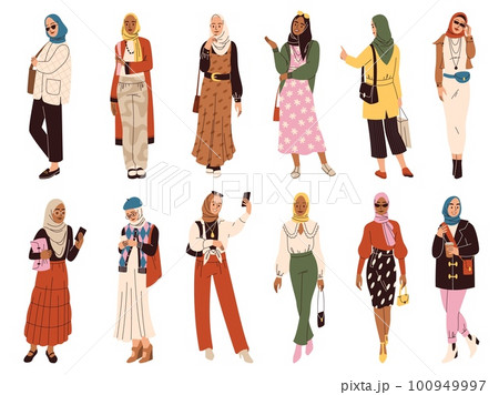 Islamic modern women. Cartoon muslim persons with fashionable clothes and hijab, arabic female wear designs, happy girls with trendy accessories, contemporary characters, tidy vector set 100949997