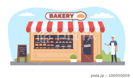 Facade of bakery building with sign. Open new cafe or shop. Happy male baker. Front view house facade with door, windows and signboard. Cartoon flat isolated illustration. Vector concept Facade of bakery building with sign. Open new cafe or shop. Happy male baker. Front view house facade with door, windows and signboard. Cartoon flat isolated illustration. Vector concept 100950009