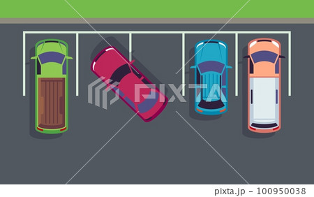 Bad, improper parking of car in parking lot, top view. Traffic rules in city. Colored automobiles. Urban scene. Wrong parked transport. Cartoon flat style isolated illustration. Vector concept Bad, improper parking of car in parking lot, top view. Traffic rules in city. Colored automobiles. Urban scene. Wrong parked transport. Cartoon flat style isolated illustration. Vector concept 100950038