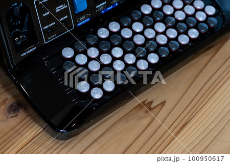 無垢板の床の上に置いてあるクロマチックボタン式アコーディオン 100950617