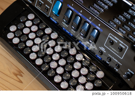 無垢板の床の上に置いてあるクロマチックボタン式アコーディオン 100950618