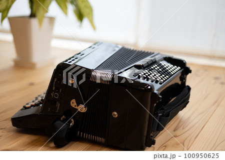 無垢板の床の上に置いてあるクロマチックボタン式アコーディオン 無垢板の床の上に置いてあるクロマチックボタン式アコーディオン 100950625