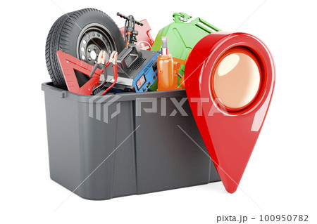 Plastic box full of car tools, equipment and accessories with map pointer, 3D rendering Plastic box full of car tools, equipment and accessories with map pointer, 3D rendering 100950782