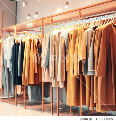 Clothes hanging on racks in the store Clothes hanging on racks in the store 100951009