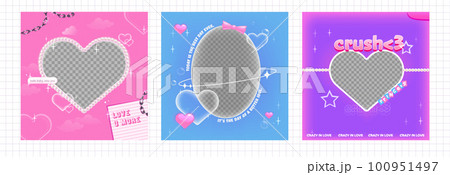 A pack of heart-shaped y2k frames. Vector illustration for social media photo. Metal chain and pearls and soft aura glow. Korean style banner design 100951497