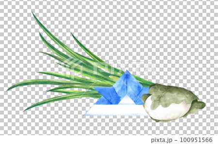 柏餅と菖蒲の葉、折り紙の兜の水彩画 100951566