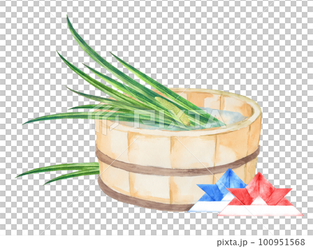 Watercolor painting of iris leaves in a tub and an origami helmet 100951568