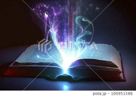 Open magical book with glowing lights over pages on abstract background. Fantasy reading. Created with Generative AI 100951586