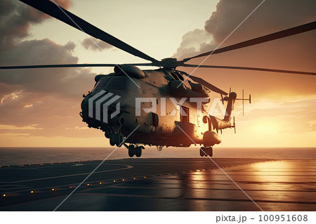 Military helicopter on warship board at sunset. Navy helicopter on board the aircraft carrier in the sea. Created with Generative AI Military helicopter on warship board at sunset. Navy helicopter on board the aircraft carrier in the sea. Created with Generative AI 100951608