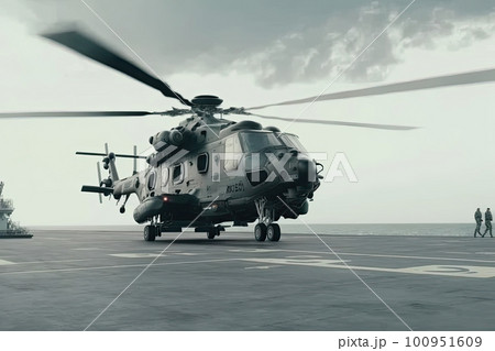 Military helicopter on warship board in the sea. Navy helicopter on board the aircraft carrier. Created with Generative AI Military helicopter on warship board in the sea. Navy helicopter on board the aircraft carrier. Created with Generative AI 100951609
