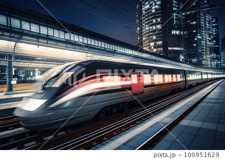 Modern high speed train at night. Fast train in city with motion blur effect, Public transport. Railway transportation. Created with Generative AI Modern high speed train at night. Fast train in city with motion blur effect, Public transport. Railway transportation. Created with Generative AI 100951629