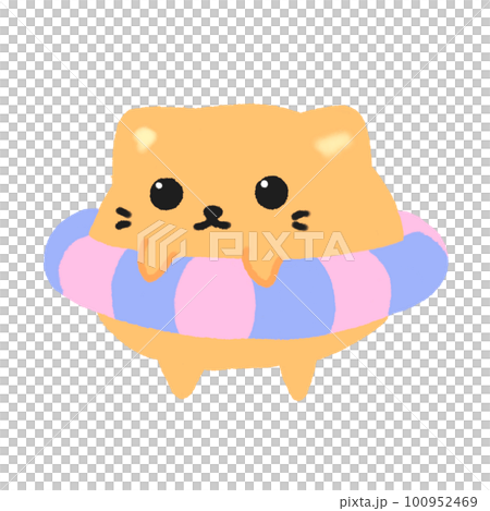 Hand-drawn Cute White Cat with purple, pink rubber ring in doodle style 100952469