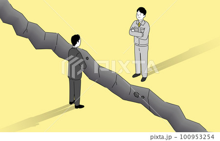 崖の上に立つ2人の男性、対立の概念的イメージ、営業職と技術職、ブログイラスト、ベクター 100953254