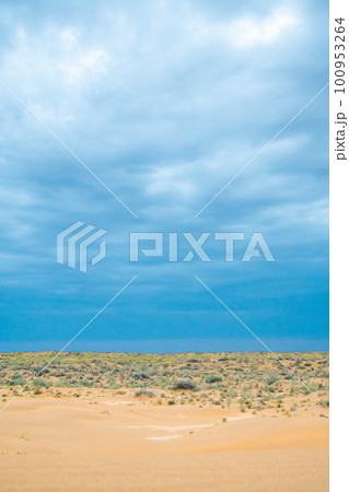 Bright blue cloudy sky over the yellow desert of Kyzylkum Kazakhstan. Rainy weather in the desert. Beautiful landscape of the desert of Central Asia 100953264