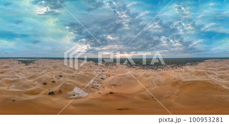 Panorama 360 of the desert in spring from a bird's eye view. Sand dunes in the Kyzylkum desert. Soft lighting in cloudy weather before rain 100953281