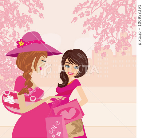 pregnant friends shopping together in the city 100953391