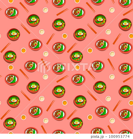 Asian food seamless pattern. Japanese fast food, noodles, rice, ramen, shrimp, fish and sushi. Delicious background. Perfect for printing, textiles, wrapping paper. Hand drawn vector illustration 100953774