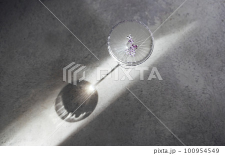 One glasse with champagne on a light table surface reflecting soft sunshine rayson. One glasse with champagne on a light table surface reflecting soft sunshine rayson. 100954549