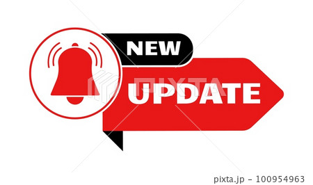 New update sticker. Now upgrade band icon. Banner for sale, web marketing notice. Important message with bell, information arrow decent vector sign 100954963