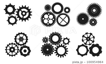 Techno gears compositions. Gear working, industry mechanic wheels process. Factory operation, corporate or team work metaphor. Decent vector cogwheel set 100954964