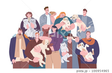 People with pets portrait. Woman man holding dogs, cats, birds. Cartoon human and animals, flat casual stylish vector characters 100954965