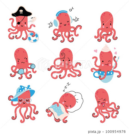 Cute octopus set. Cartoon squid, underwater life characters. Various octopus painting, sleeping, listen music. Nowaday vector sea animal collection 100954976