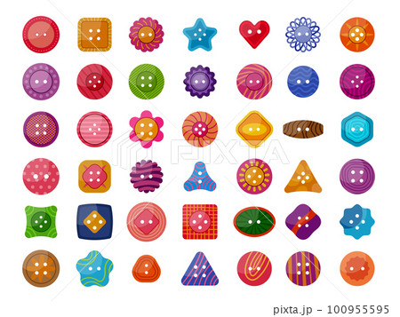 Tailor buttons. Fashioned clothes coloured buttons collection recent vector pictures set isolated on white Tailor buttons. Fashioned clothes coloured buttons collection recent vector pictures set isolated on white 100955595