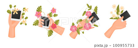 Hands Holding Photo Card and Floral Twigs Vector Set 100955733