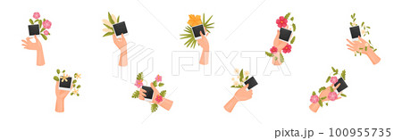 Hands Holding Photo Card and Floral Twigs Vector Set 100955735